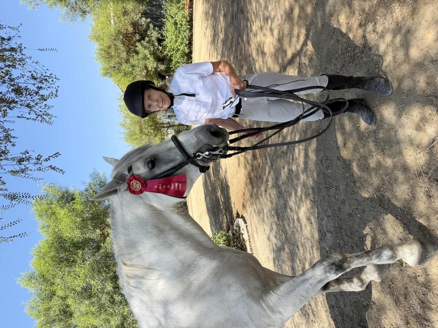 A rider in show clothes standing with her grey horse and a red ribbon